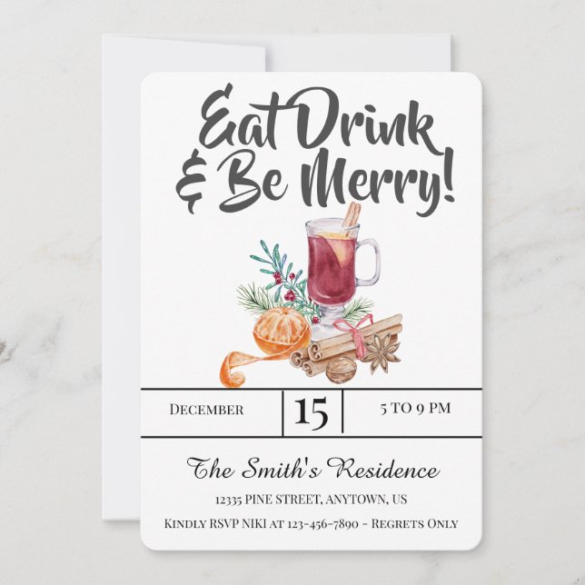 Invitation Festive Boissons Fête Manger Boire & Soyez Joyeux! (Devant)