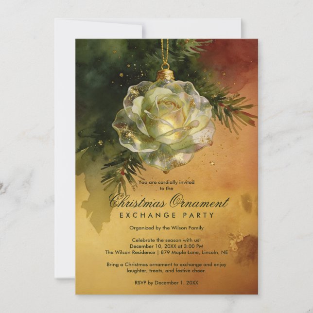 Invitation Festive Christmas Ornament Shaped Like a Rose (Devant)