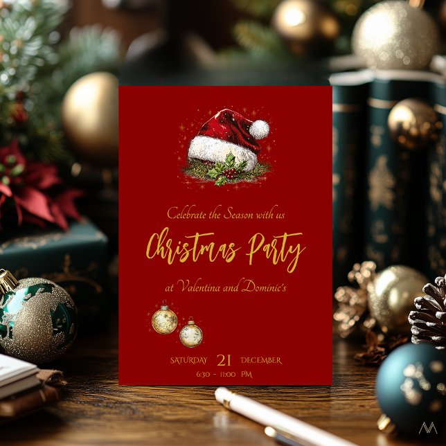 Invitation Festive Christmas Party with Santa Hat on Red (Créateur téléchargé)