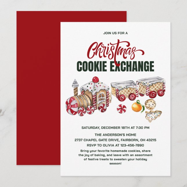 Invitation Festive Christmas Train Cookies Exchange Party (Devant / Derrière)