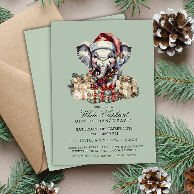Invitation Festive Christmas White Elephant Gift Exchange (Cute Sage Green festive Christmas White Elephant Gift Exchange Party Invitations printable digital)