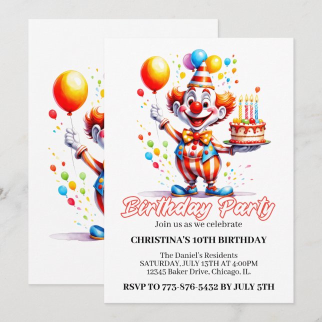 Invitation Festive Clown Aquarelle fête d'anniversaire (Devant / Derrière)