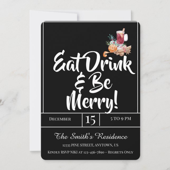 Invitation Festive Cute Drinks Party Manger Boire & Soyez Joy (Devant)