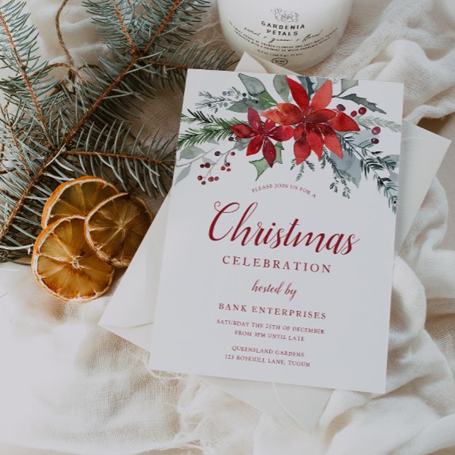 Invitation Festive Fête de Noël Rouge & Vert Floral (Créateur téléchargé)