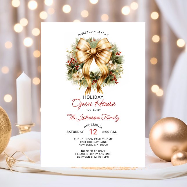 Invitation Festive FÊTE DE NOËL ROUGE Wreath Open House (Festive CHRISTMAS PARTY Red Gold Wreath Company Invitation)