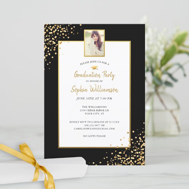 Invitation Festive Gold Black Grad Photo Graduation Party Inv (Créateur téléchargé)