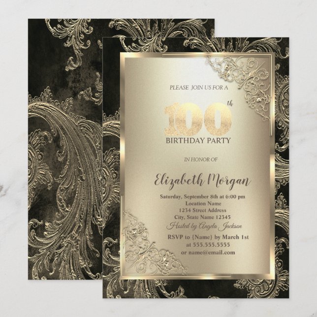 Invitation Festive Gold Frame,Floral Damask 100th Birthday (Devant / Derrière)