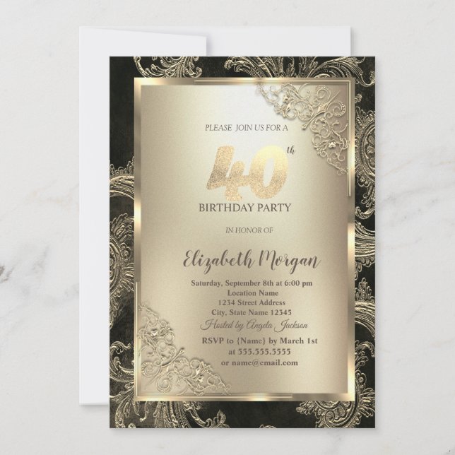 Invitation Festive Gold Frame,Floral Damask 40th Birthday  (Devant)