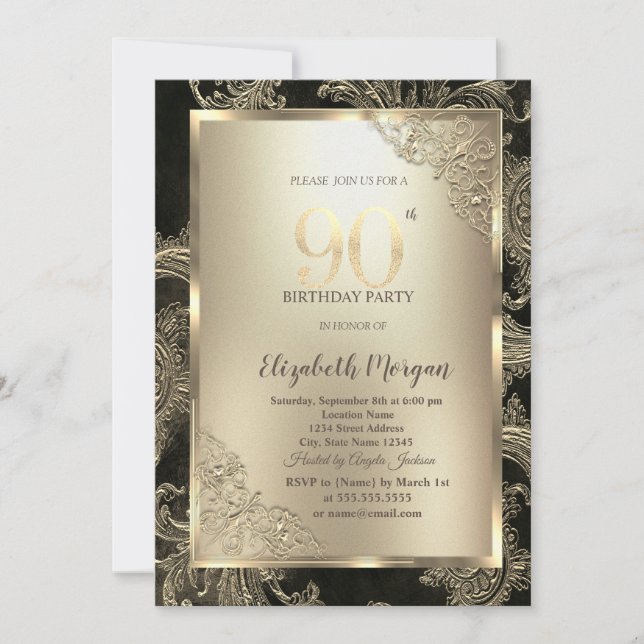 Invitation Festive Gold Frame,Floral Damask 90th Birthday  (Devant)