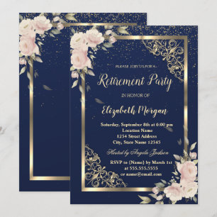 Invitation Festive Gold Frame Marine Blue Flowers Retraite