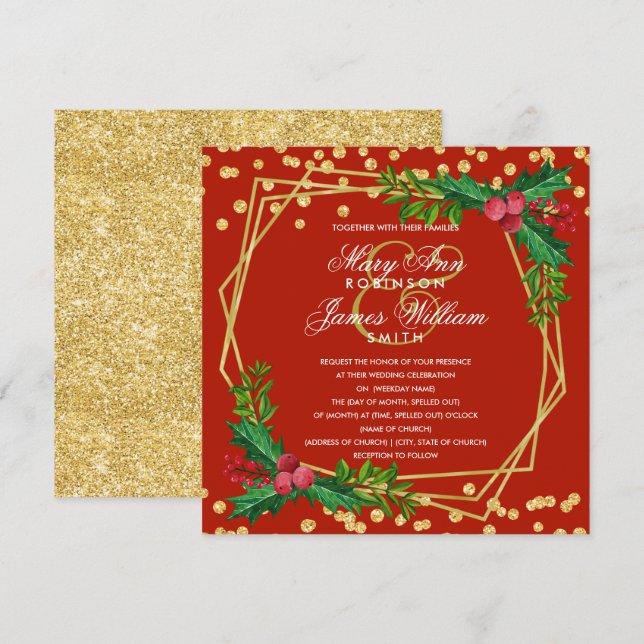 Invitation Festive Gold Mariage de Noël Holly Red (Devant / Derrière)