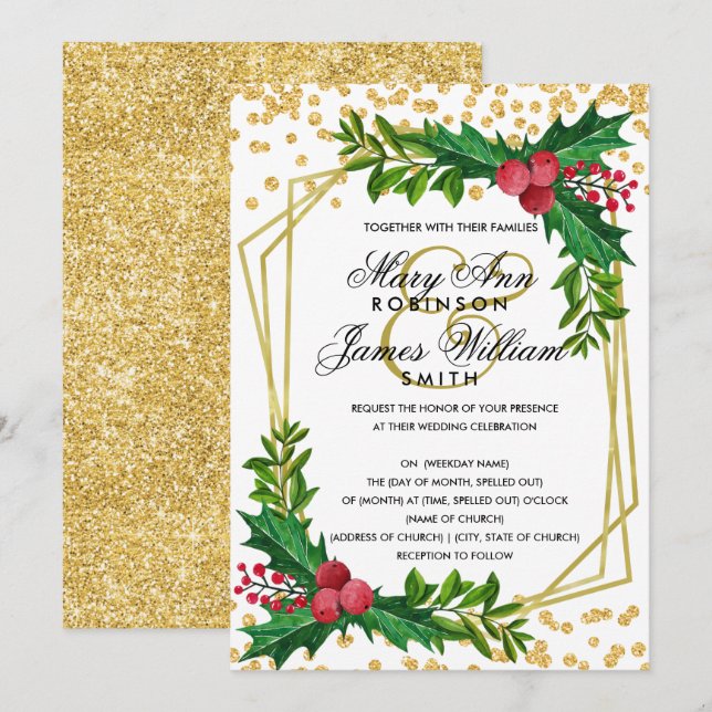 Invitation Festive Gold Noël Mariage Holly White (Devant / Derrière)