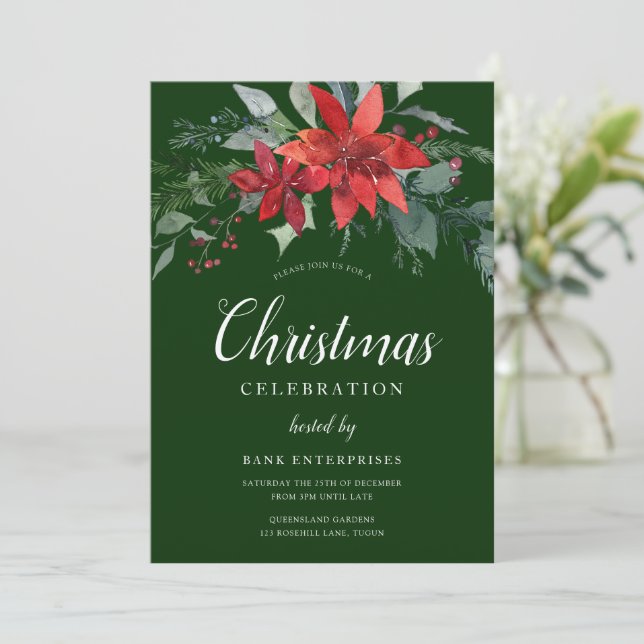 Invitation Festive Green Floral Noël Party (Debout devant)