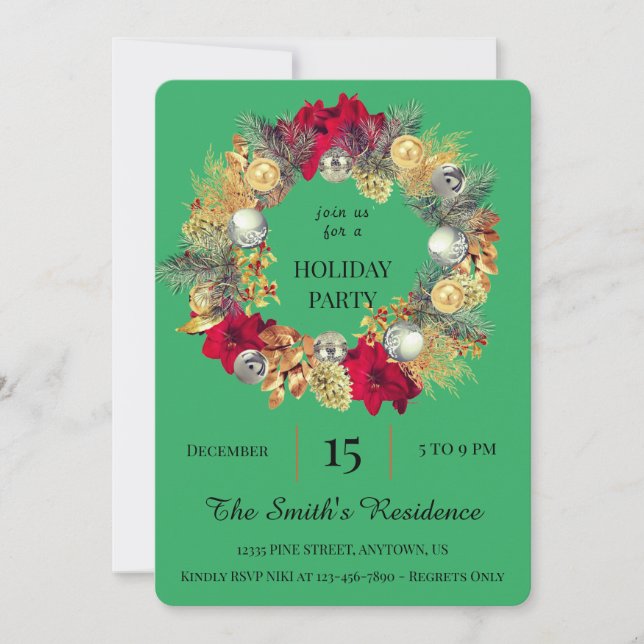 Invitation Festive Green Wreath Fête Mignonne Élégante (Devant)