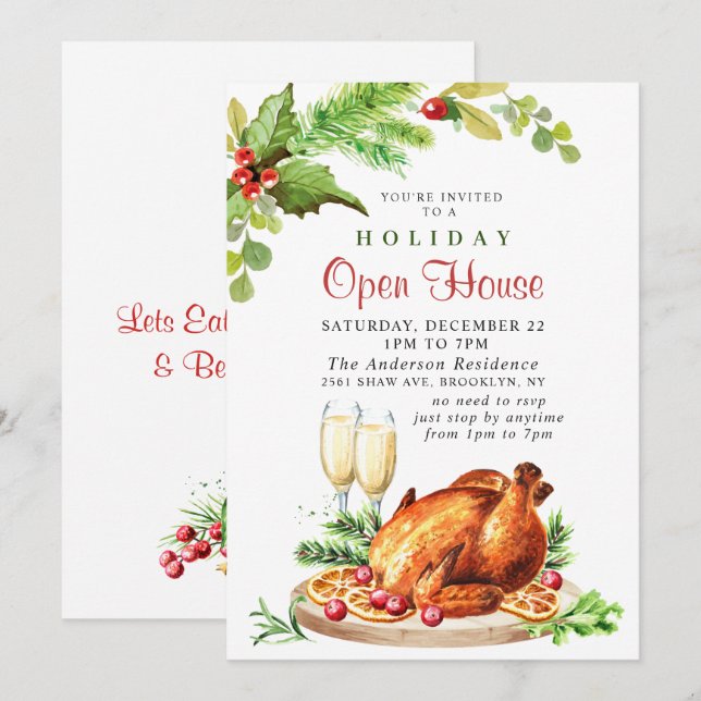 Invitation Festive Holly Berry Christmas Holiday Open House (Devant / Derrière)