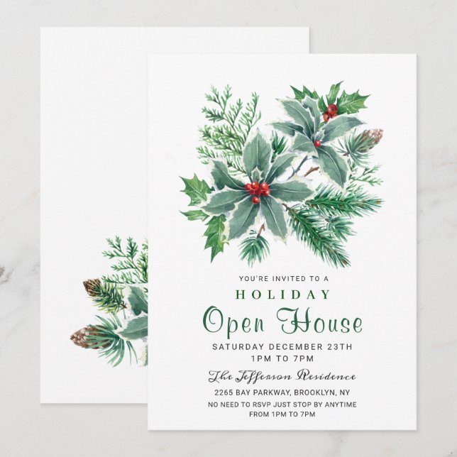Invitation Festive Holly Berry Christmas Holiday Open House (Devant / Derrière)