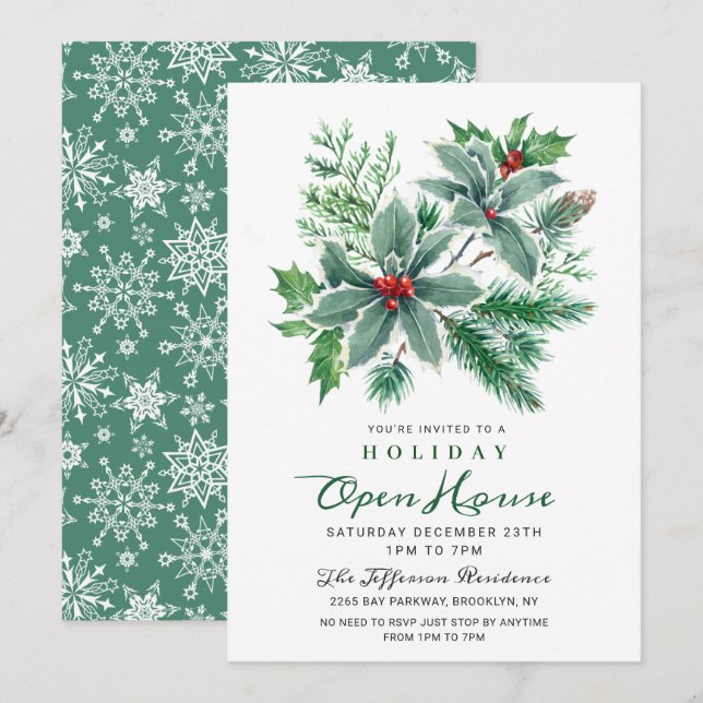 Invitation Festive Holly Berry Christmas Holiday Open House (Devant / Derrière)