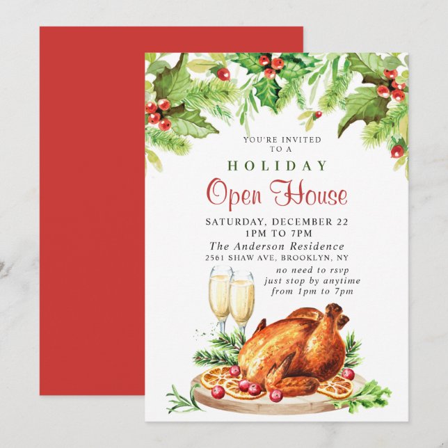 Invitation Festive Holly Berry Christmas Holiday Open House (Devant / Derrière)