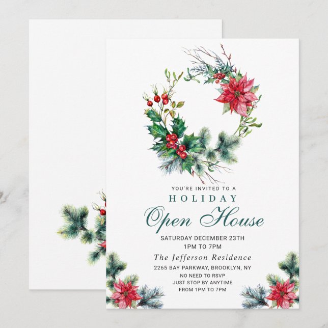 Invitation Festive Holly Berry Christmas Holiday Open House (Devant / Derrière)