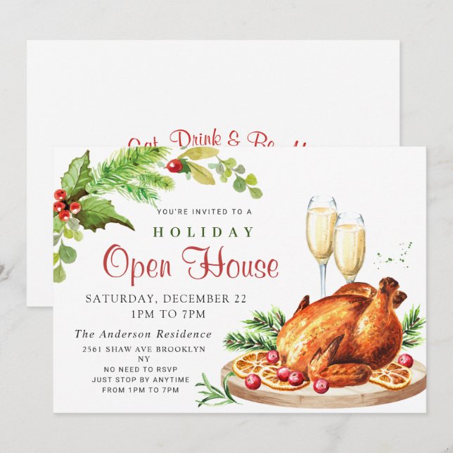 Invitation Festive Holly Berry Christmas Holiday Open House (Devant / Derrière)