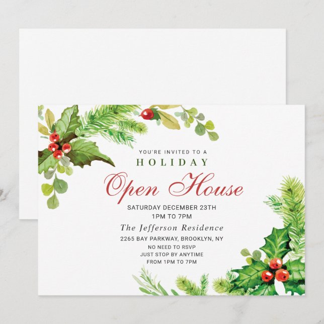 Invitation Festive Holly Berry Christmas Holiday Open House (Devant / Derrière)