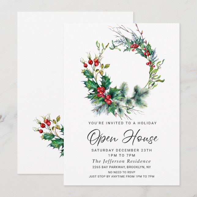 Invitation Festive Holly Berry Christmas Holiday Open House (Devant / Derrière)