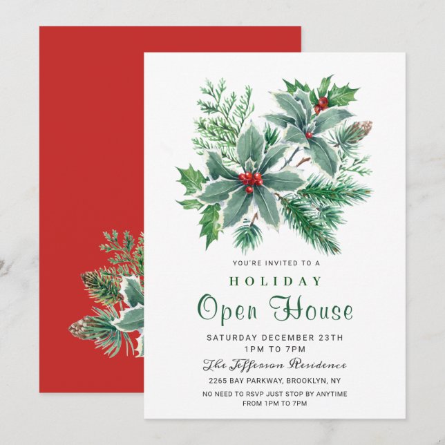 Invitation Festive Holly Berry Christmas Holiday Open House (Devant / Derrière)