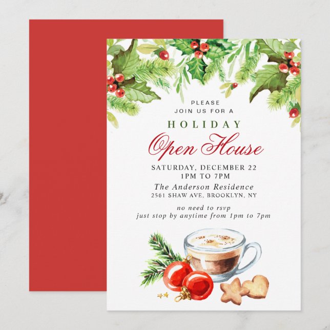 Invitation Festive Holly Berry Christmas Holiday Open House (Devant / Derrière)