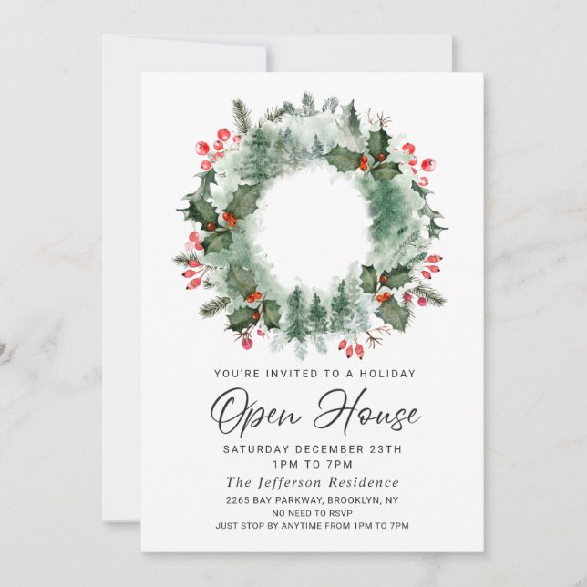 Invitation Festive Holly Berry Christmas Holiday Open House (Devant)