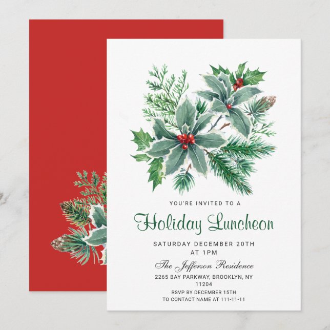 Invitation Festive Holly Berry Déjeuner de Noël (Devant / Derrière)