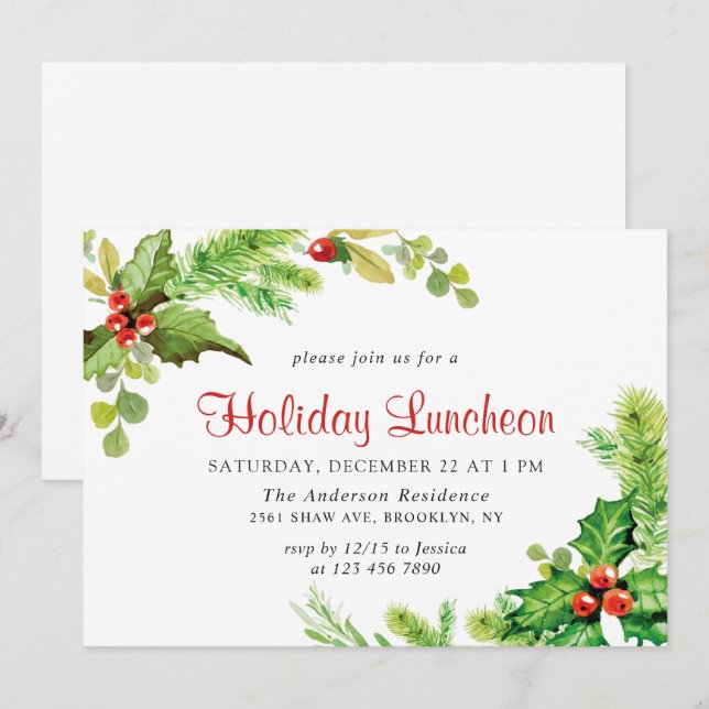 Invitation Festive Holly Berry Déjeuner de Noël (Devant / Derrière)