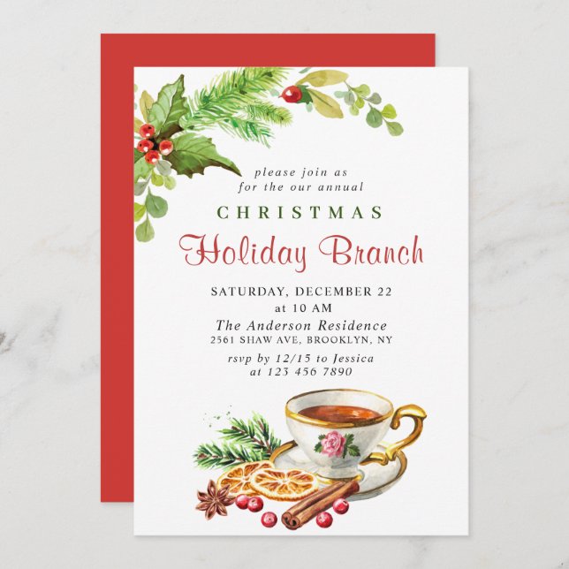 Invitation Festive Holly Berry Noël (Devant / Derrière)