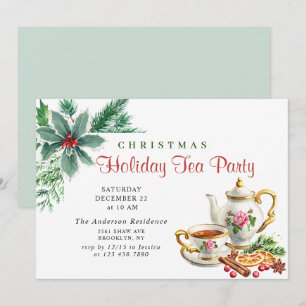 Invitation Festive Holly Berry Noël Fête Tea Party