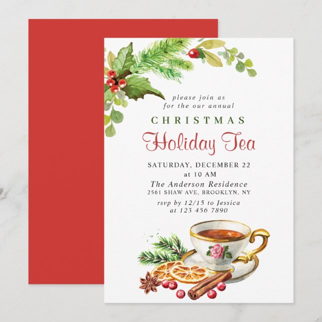 Invitation Festive Holly Berry Noël Fête Tea Party (Devant / Derrière)