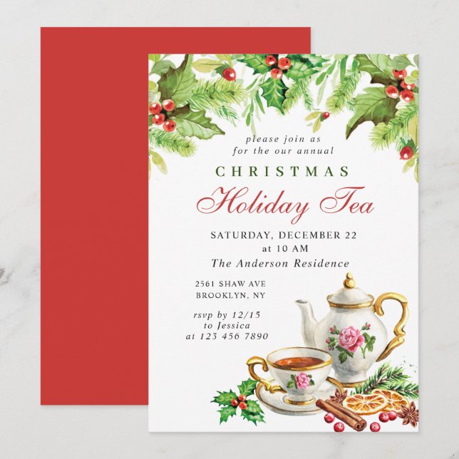 Invitation Festive Holly Berry Noël Fête Tea Party (Devant / Derrière)
