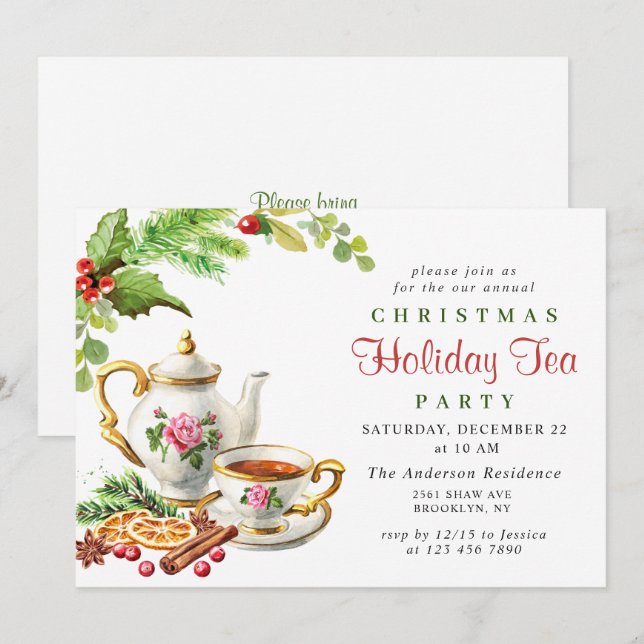 Invitation Festive Holly Berry Noël Fête Tea Party (Devant / Derrière)