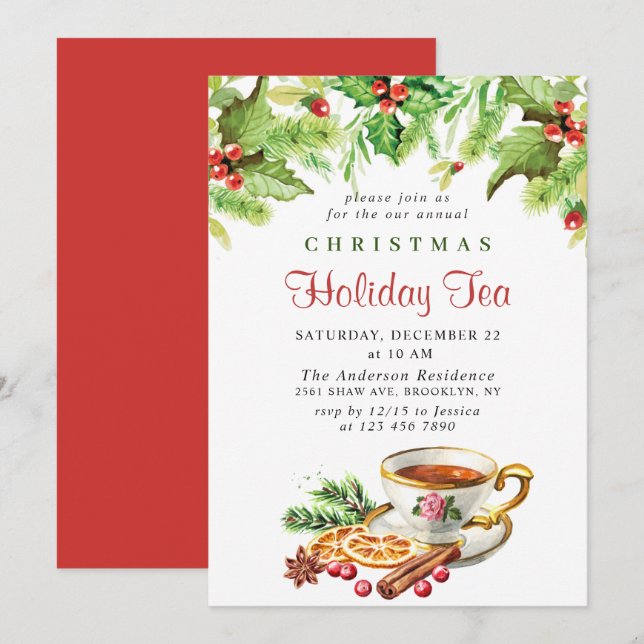 Invitation Festive Holly Berry Noël Fête Tea Party (Devant / Derrière)