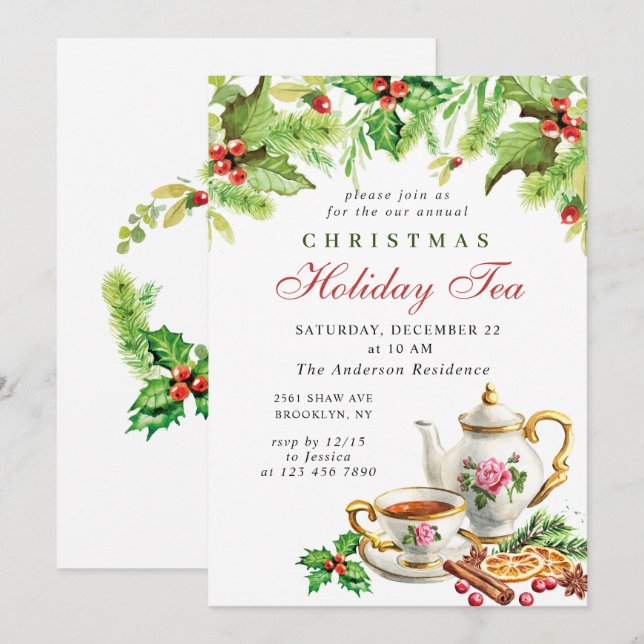 Invitation Festive Holly Berry Noël Fête Tea Party (Devant / Derrière)