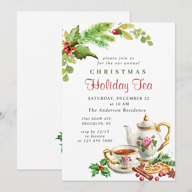 Invitation Festive Holly Berry Noël Fête Tea Party (Devant / Derrière)