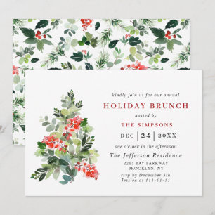 Invitation Festive Holly Berry Tree VACANCES BRUNCH NOËL