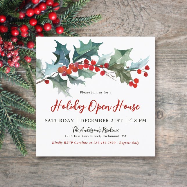 Invitation Festive Holly et Berries Holiday Open House (Available in both printed and instant download digital formats.)