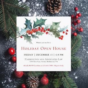 Invitation Festive Holly et Berries Holiday Open House