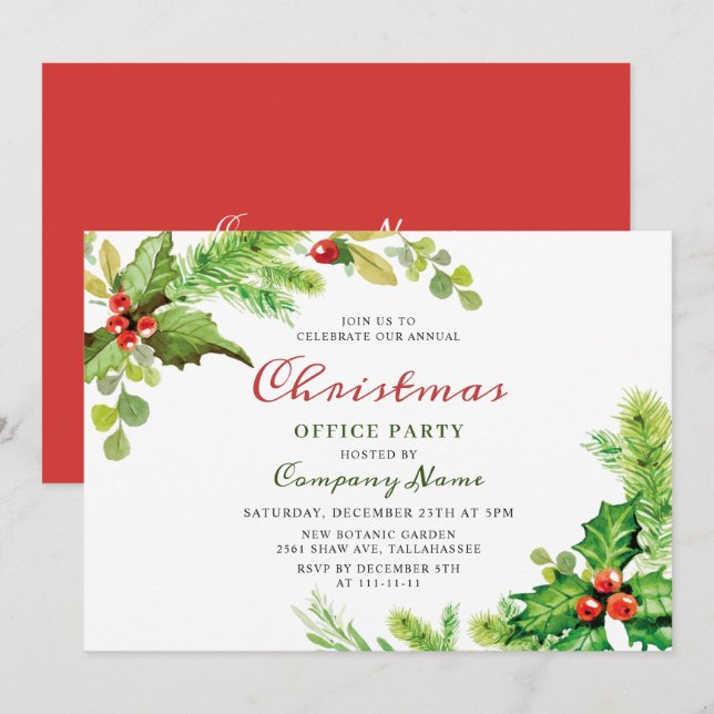 Invitation Festive Holly Noël corporatif Fête de Fêtes (Devant / Derrière)