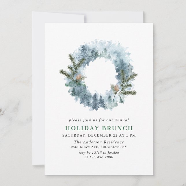 Invitation Festive Holly Wreath Christmas HOLIDAY BRUNCH (Devant)
