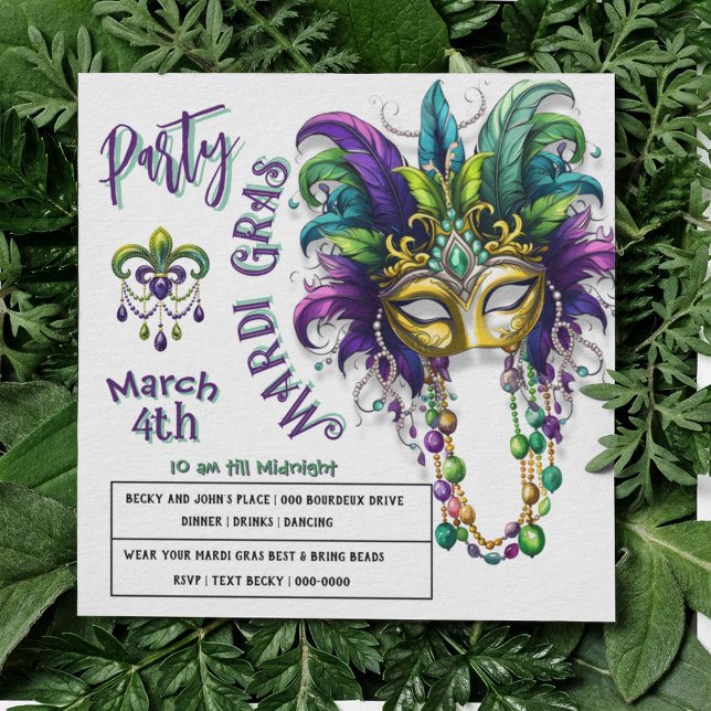 Invitation Festive Mardi Gras et Fleur Des Lis (Festive Mardi Gras Mask with feathers, beads and fleur des lis party invitations )