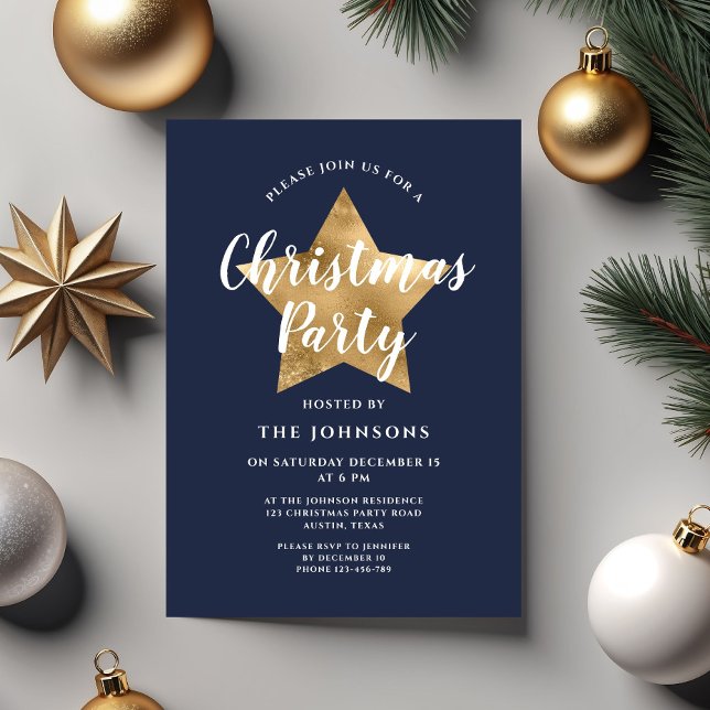 Invitation Festive Marine Blue Gold Star Noël Party (Festive Navy Blue Gold Star Christmas Party Invitation)