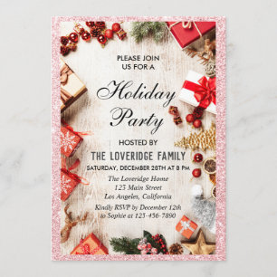 Invitation Festive Noël Fête Rose Parties scintillant d'or