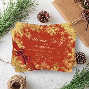 Invitation Festive Noël Gold & Red Ribbon