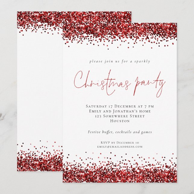 Invitation Festive Parties scintillant rouge Script fête de N (Devant / Derrière)