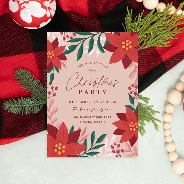 Invitation Festive Poinsettia Fleurs de Noël (elegant Christmas party invitation with poinsettias and foliage.)